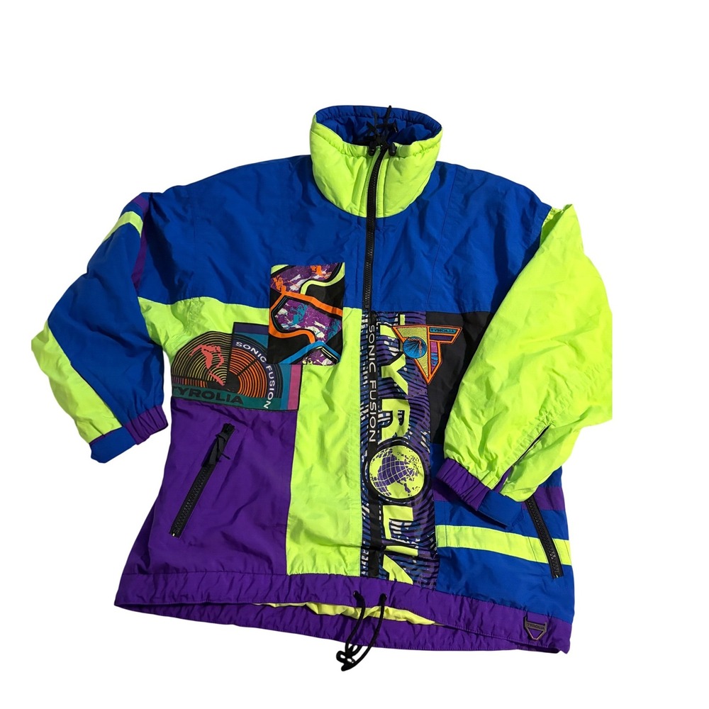Tyrolia Ski Jacket 90s Retro Colorblock Blue Neon Lime Purple Sonic Fusion M‎